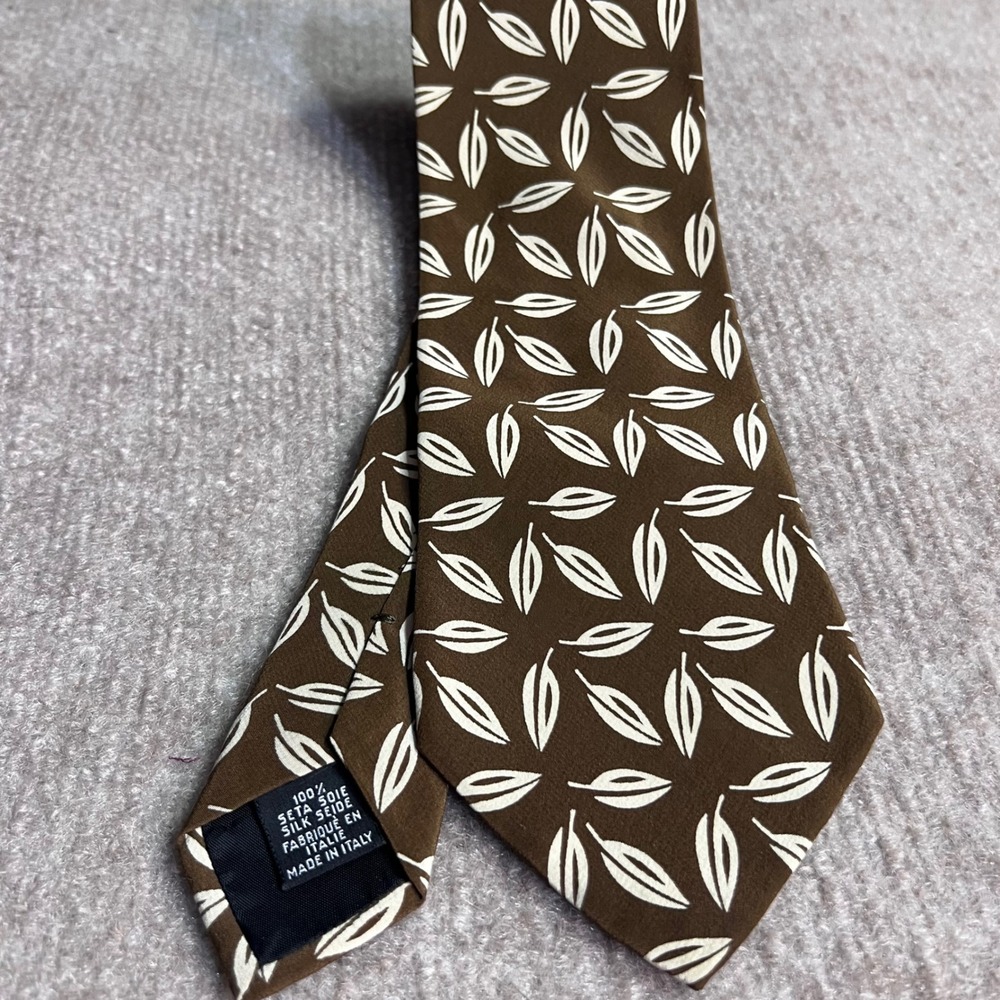 Hugo Boss Necktie Mens Brown White Leaf Print Silk Made In Italy Classic